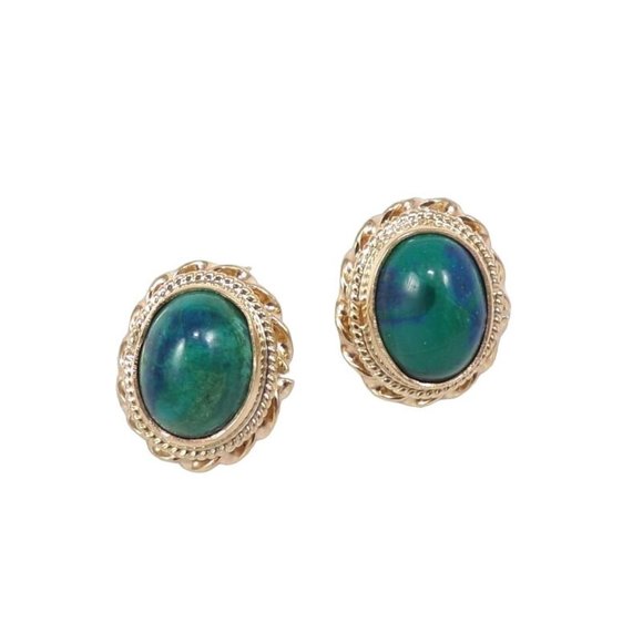 Solid 14K Yellow Gold Blue Green Turquoise Oval Post Stud Earrings